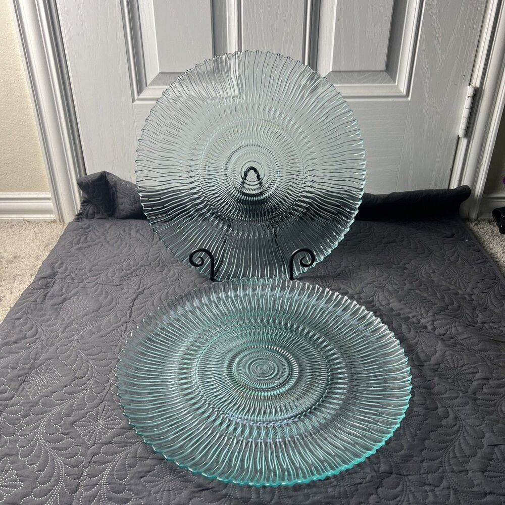 Vintage ARCOROC Blue Seabreeze Swirl Clear Glass 16D” Platter Serverware Dining